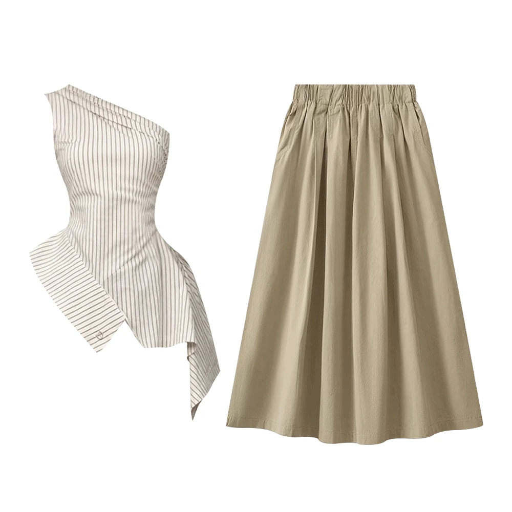 法式气质设计感斜肩条纹吊带上衣夏季高腰垂感宽松A字伞裙套装