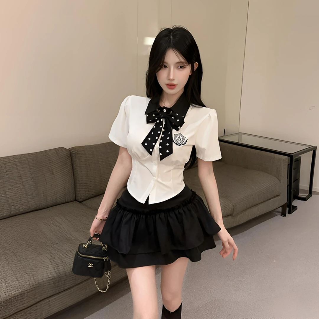 辣妹学院风jk制服套装夏季气质显瘦白色收腰衬衫高腰蛋糕裙两件套