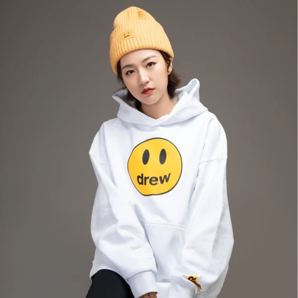 高品质DREW CHO笑脸美式宽松纯棉男女情侣加绒毛圈连帽卫衣外套潮