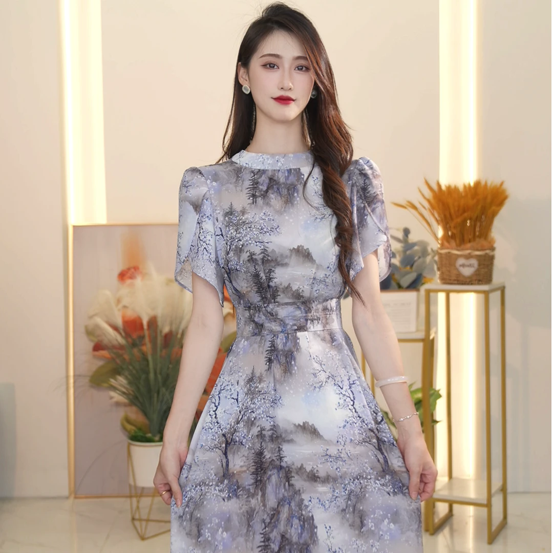 格澜芙莉2025年夏季女装气质修身显瘦优雅国风百花短袖连衣裙