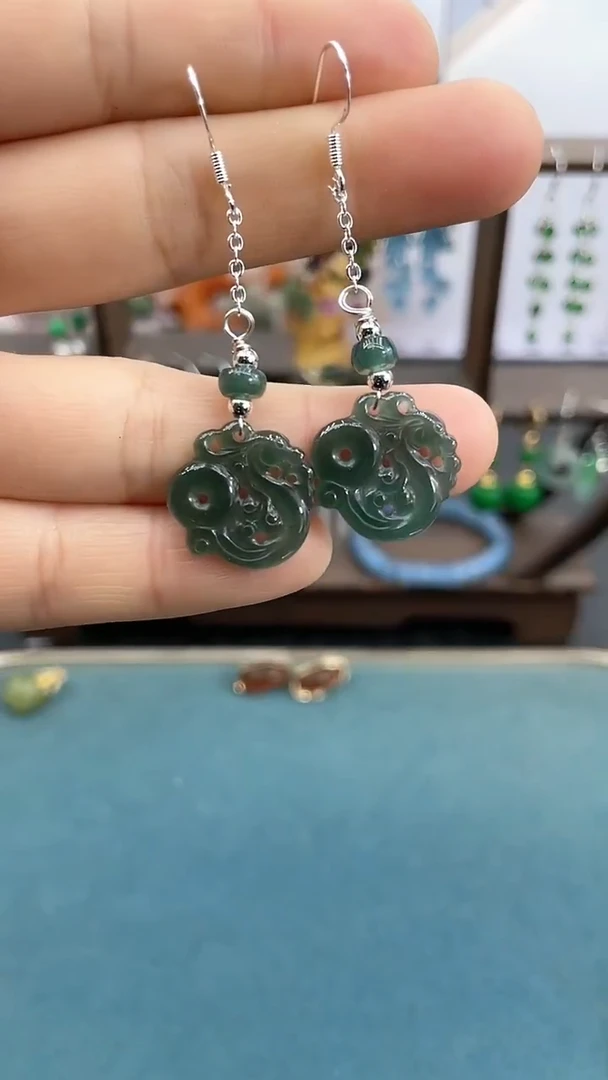 银S925镶嵌翡翠耳饰蓝水龙扣耳钩