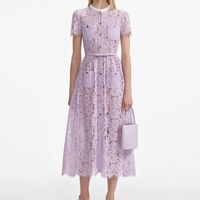 【s-p】蕾丝夏季收腰中长裙园艺风连衣裙法式女装印花圆领005