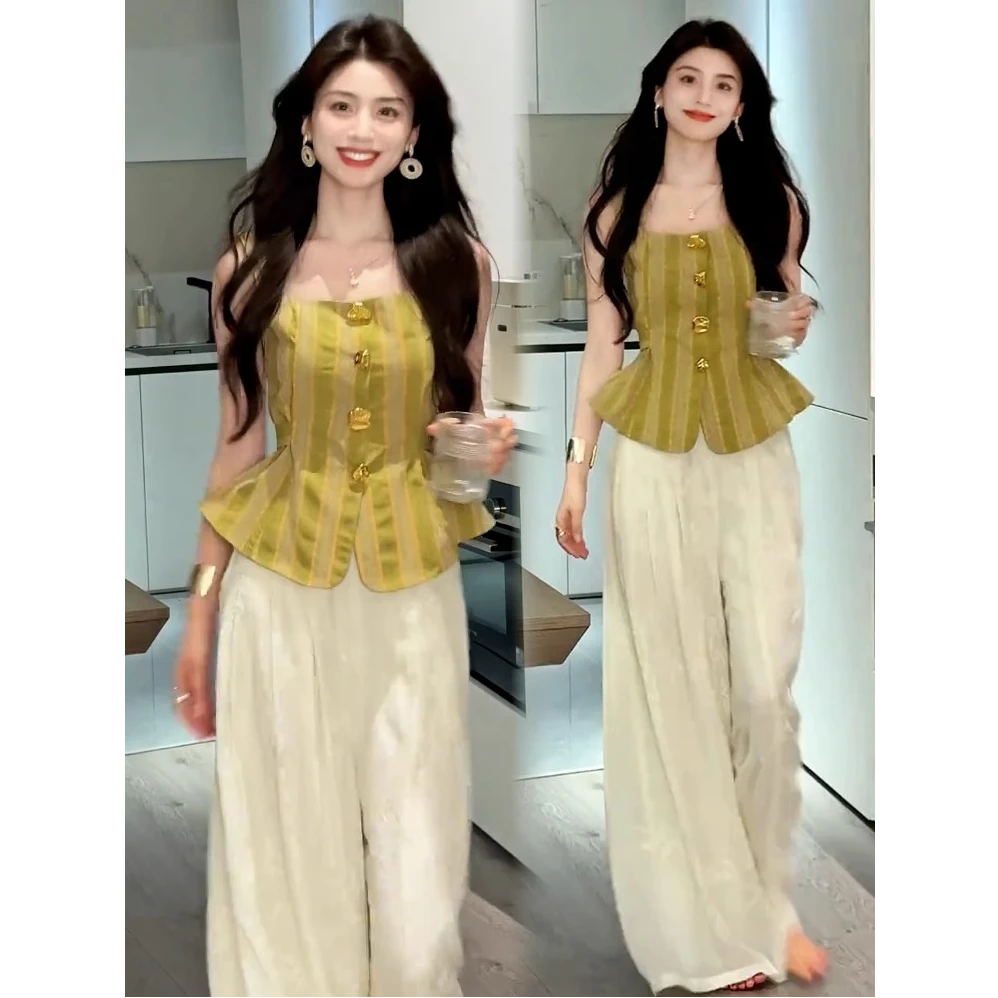 时尚套装女2025夏季新款时髦洋气设计感无袖上衣阔腿裤气质两件套