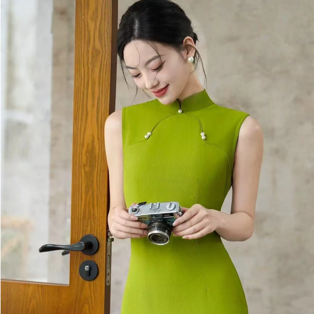 新中式无袖旗袍网红夏季绿色春夏显瘦气质中国风修身复古时尚