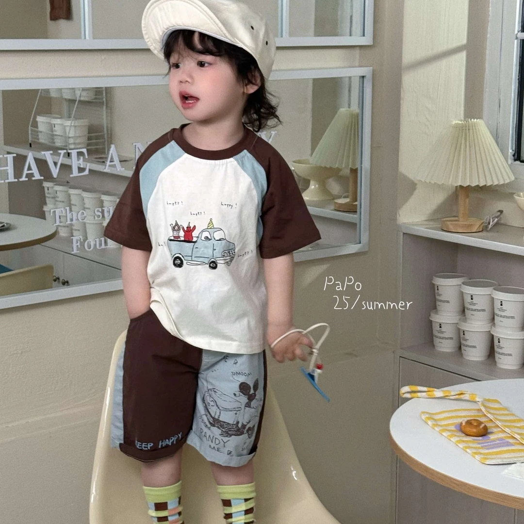 卡通动漫夏季套头韩版薄款男套装小童夏装印花上衣卡通t恤