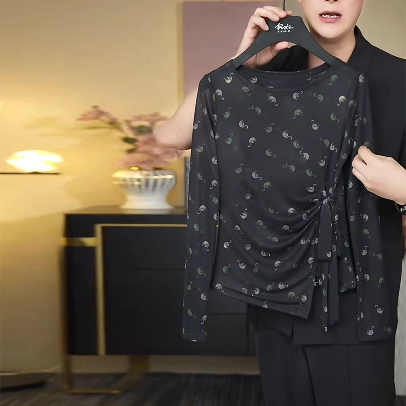 长袖秋季新款印花不规则绑带网纱T恤女时尚上衣休闲时尚百搭透气