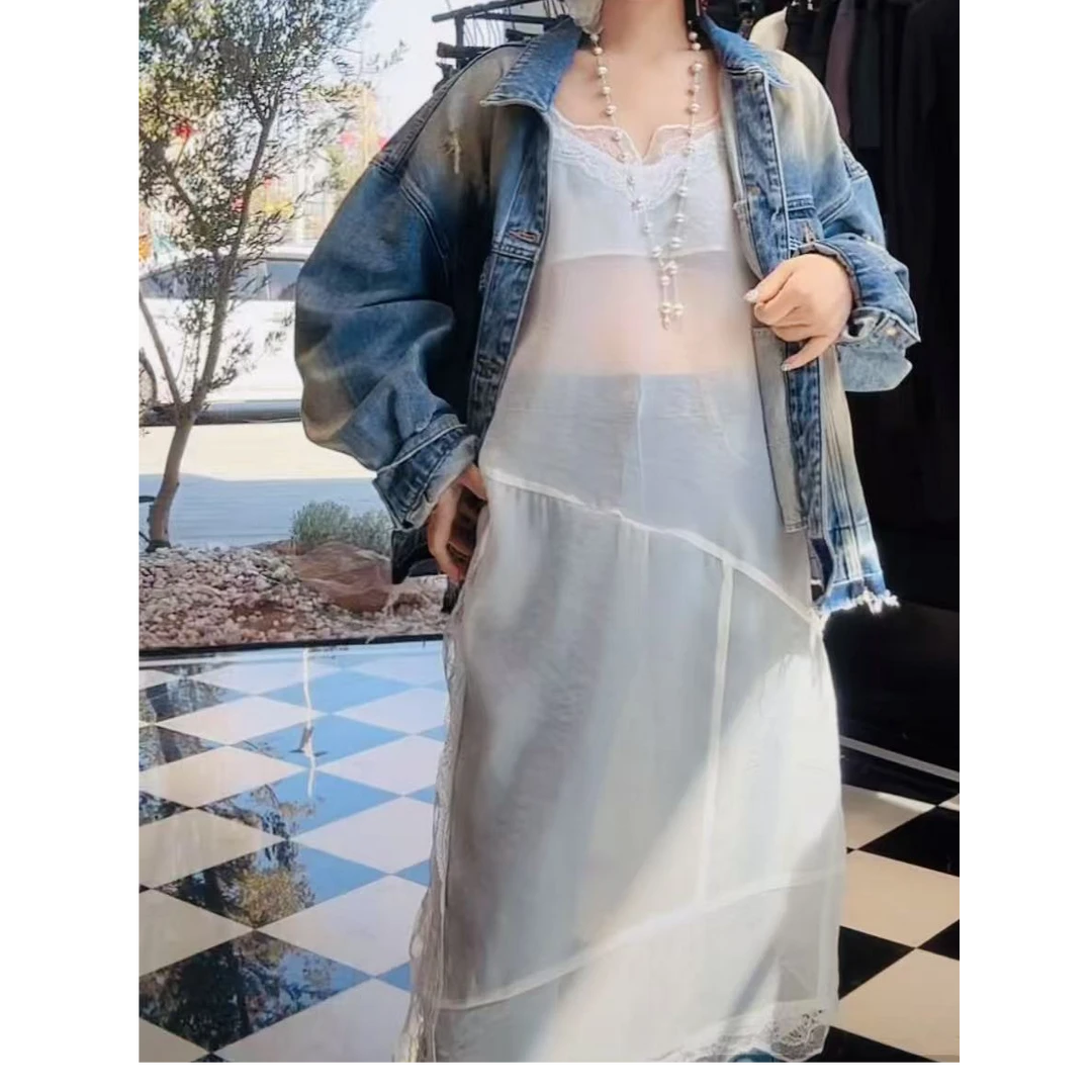 新款纯色叉开花边吊带A6382