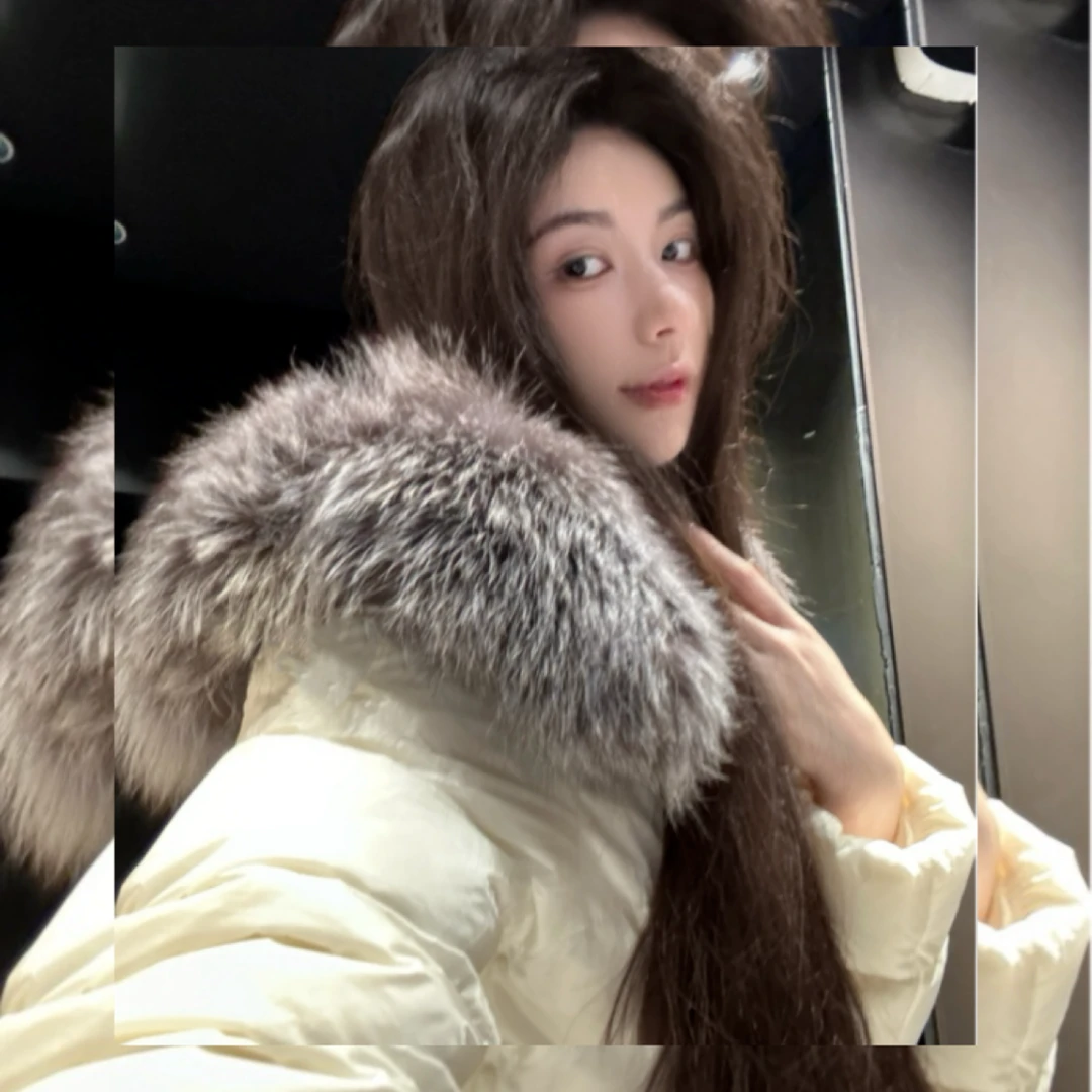 【Cikky定制】真狐狸毛领高端时尚修身白鹅羽绒服女外套显瘦