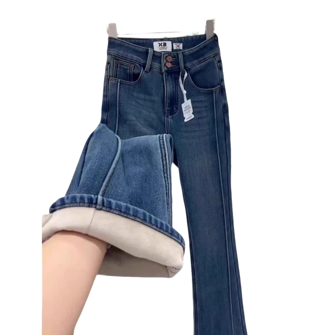 女士加绒大脚裤微辣微喇喇2025流行牛仔裤女新款裤子冬季显瘦高腰