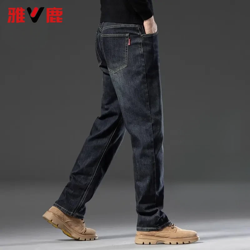 雅鹿秋冬新款男士加绒加厚牛仔裤直筒宽松阔腿大码男装休闲长裤男