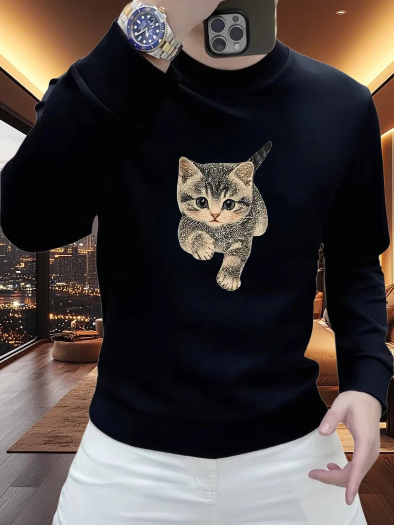 男装印花卫衣猫猫秋冬圆领爆款轻奢痞帅2025新款长袖衣服高级感