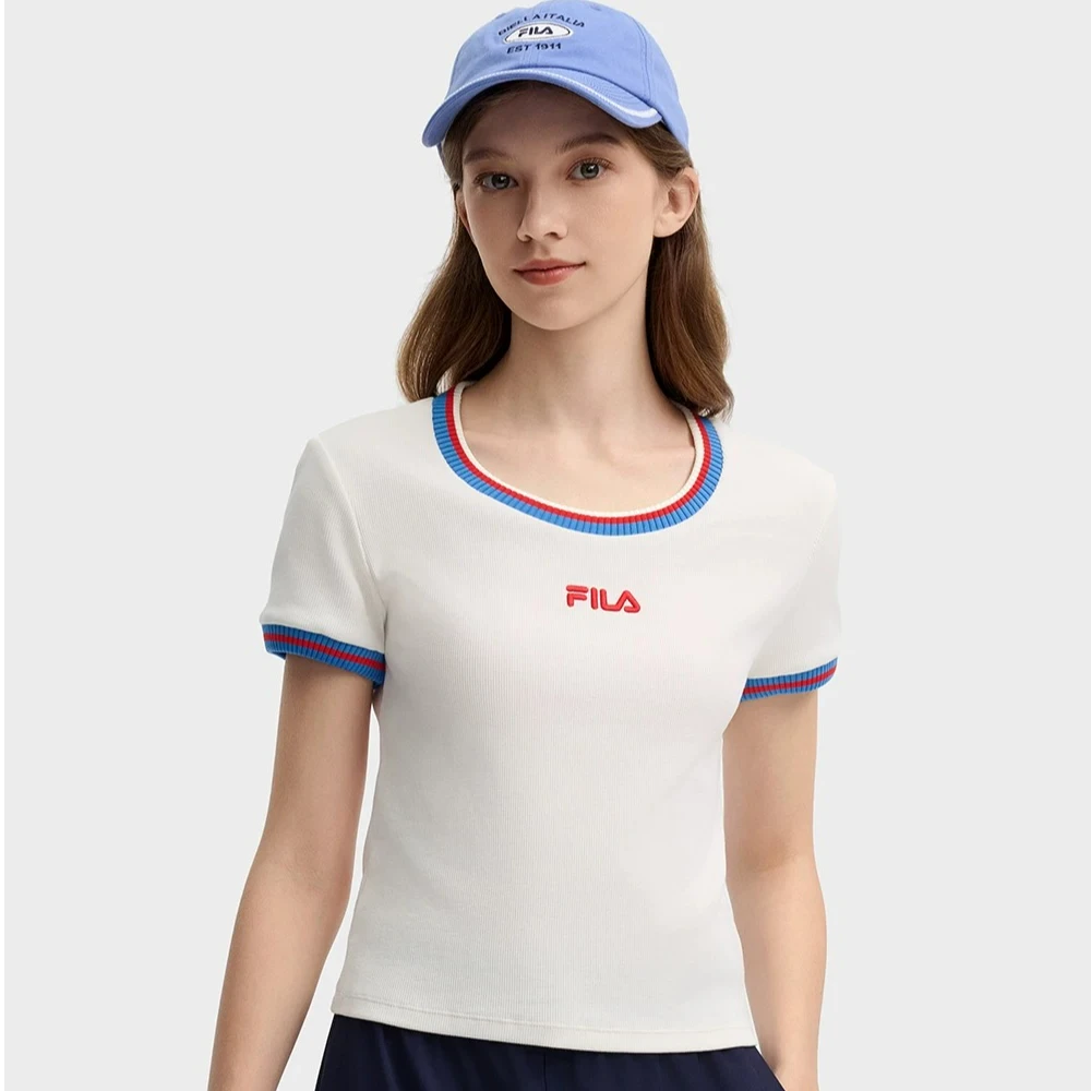 FILA斐乐女装夏新款【复古配色】U领薄针织衫运动短袖潮F11W439106F