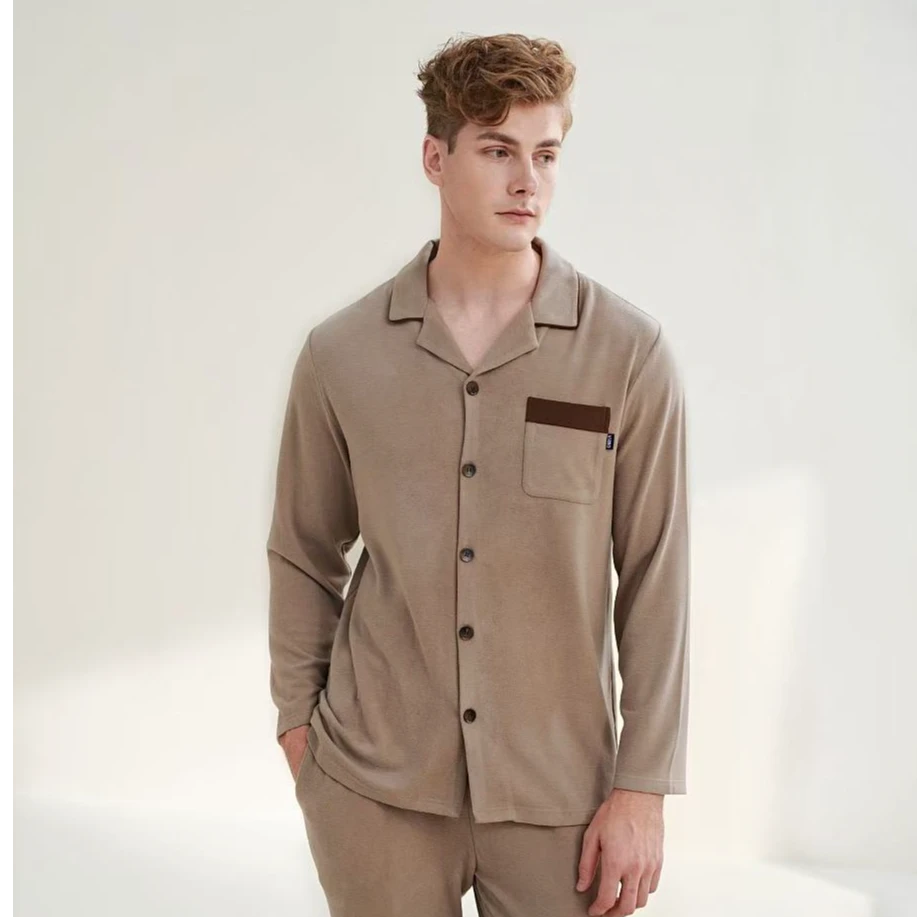 QIRUI绮瑞 秋冬男士德绒加厚卡其色家居服套装高档睡衣QQ38817
