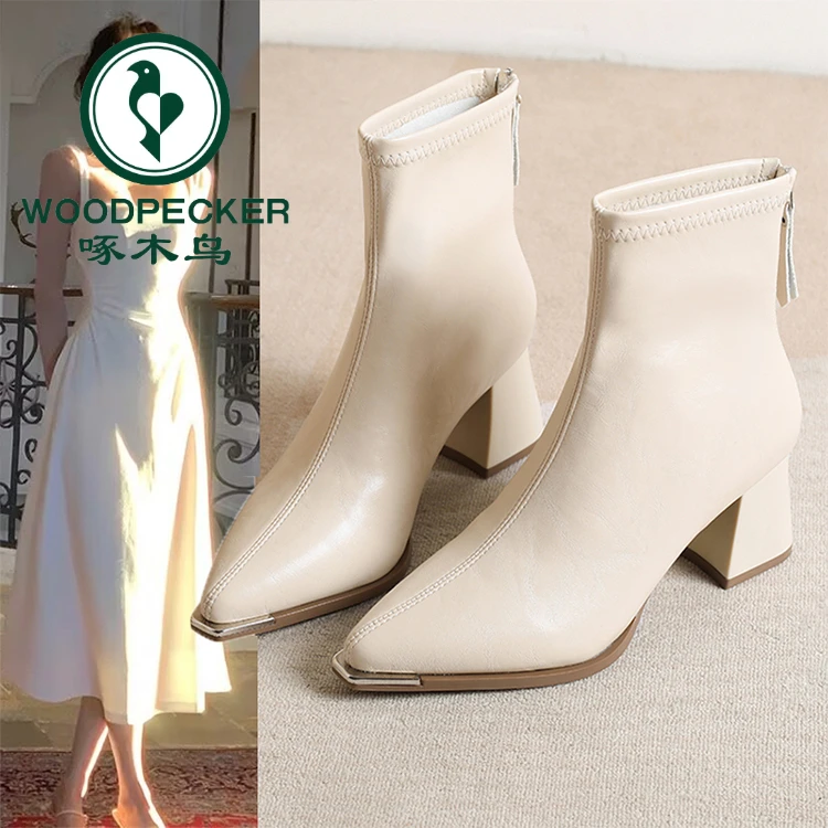 啄木鸟法式粗跟高跟鞋短靴子女2025新款配裙子瘦瘦靴小踝靴马丁靴