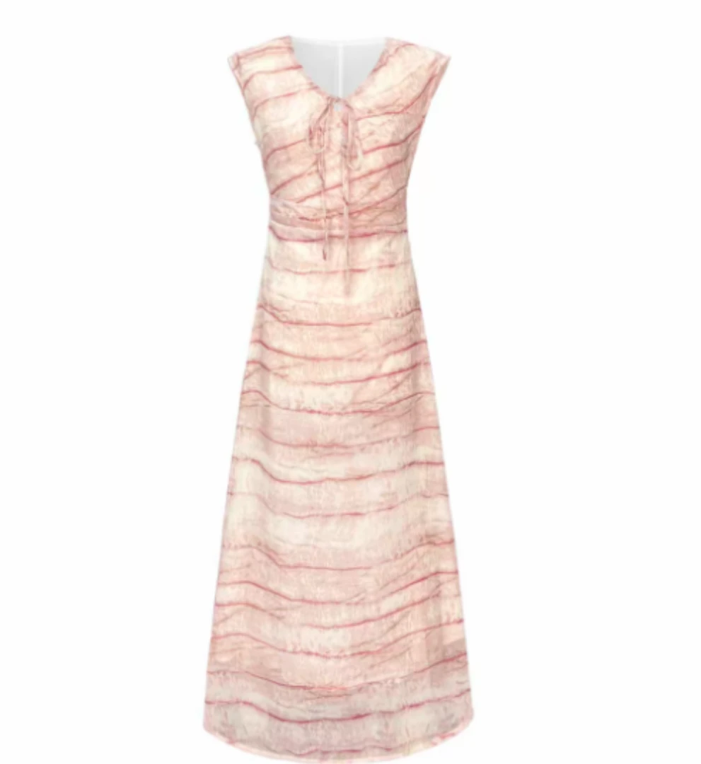 待放花骨朵~夏季气质显瘦收腰设计感印花粉色连衣裙3216#