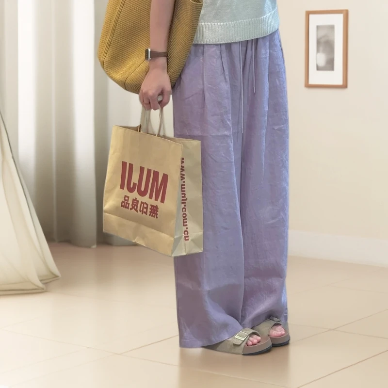 天丝亚麻阔腿裤女夏日轻薄凉凉裤大码胖mm显瘦冰丝垂感紫色棉麻裤