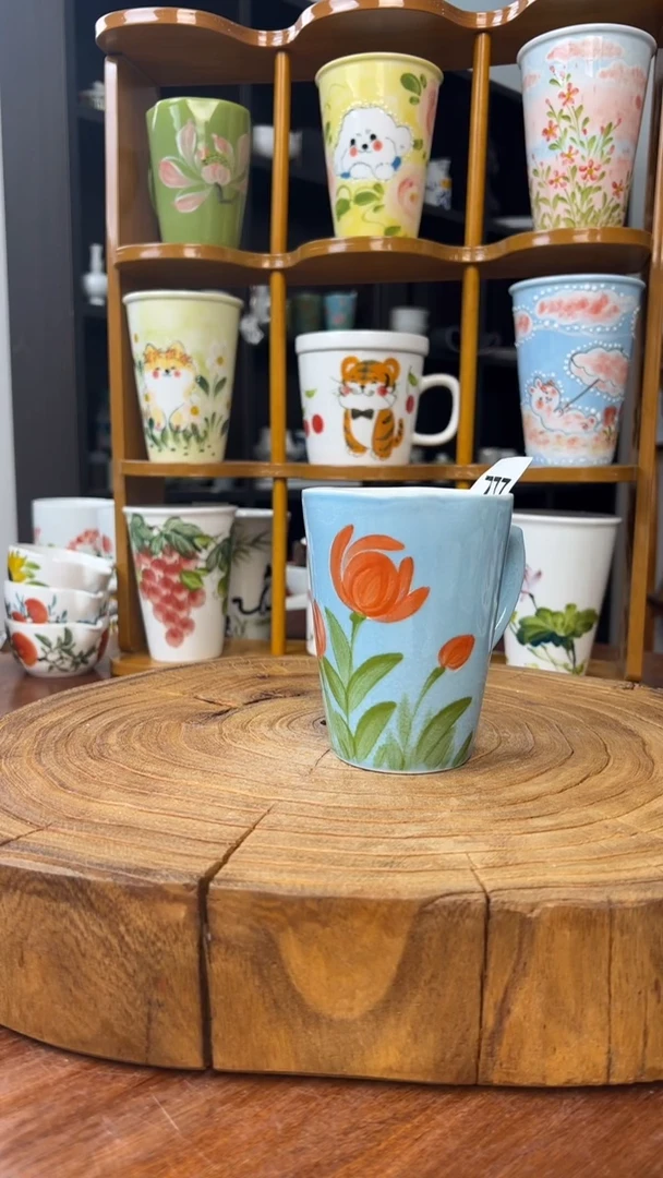 瓷片景德镇手绘釉中彩（食品级）颜色釉花口杯777