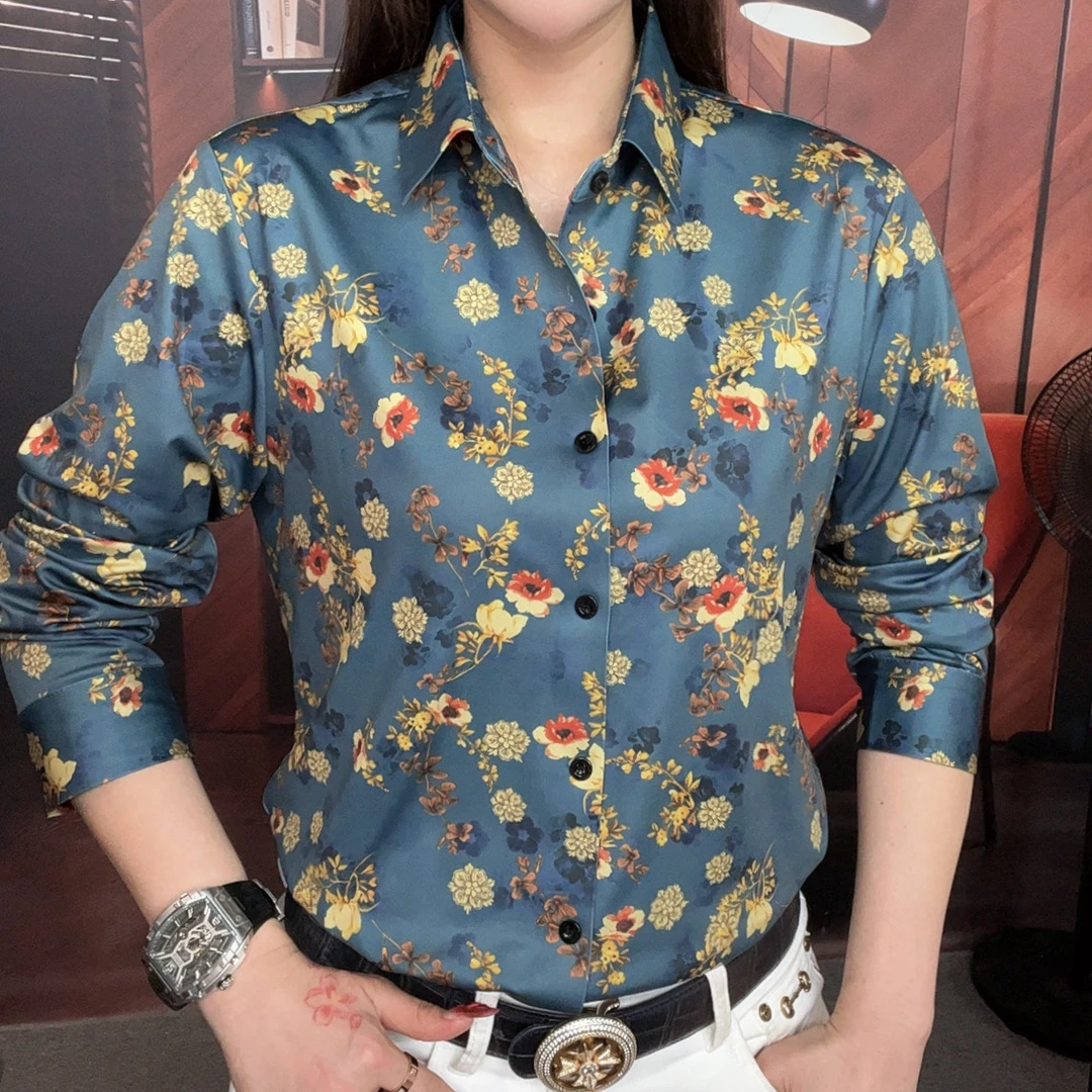 【双蝉男装】洋气时尚个性休闲花衬衫休闲男士男款免烫长袖衬衫