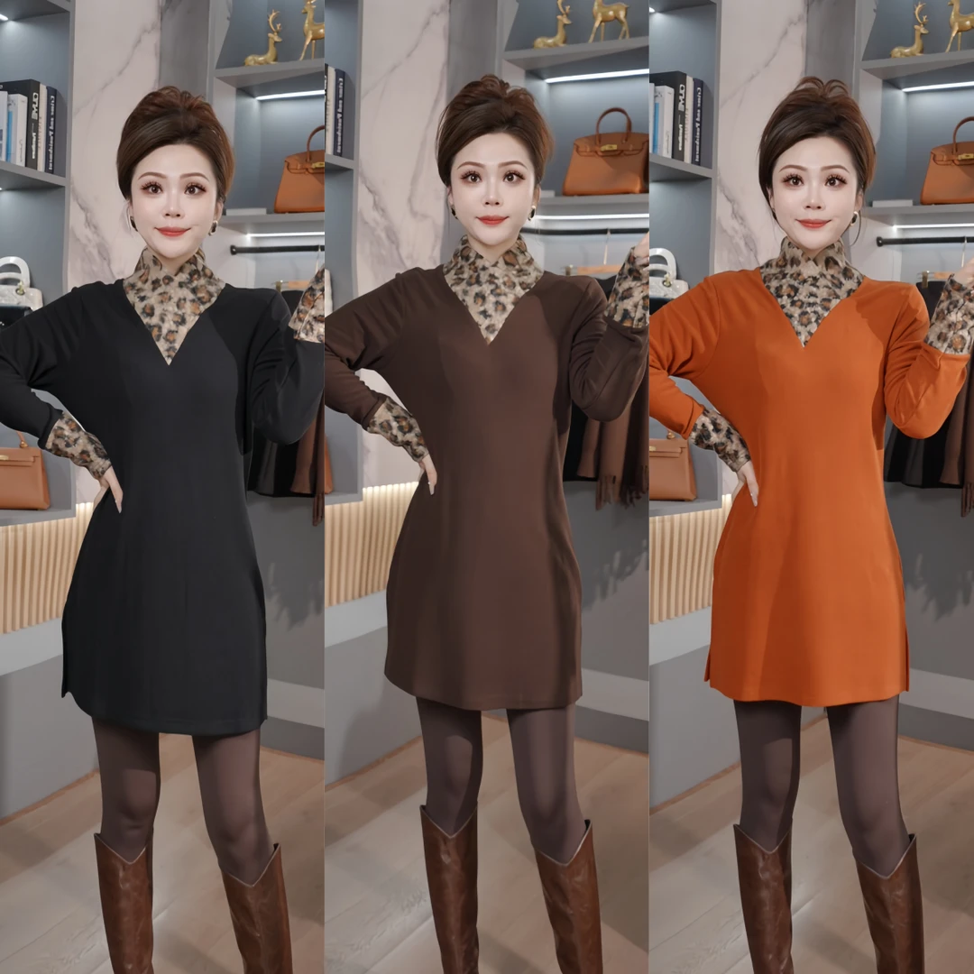 【鎏金晚宴】年年2025新款冬季百搭气质豹纹拼接设计V领打底上衣