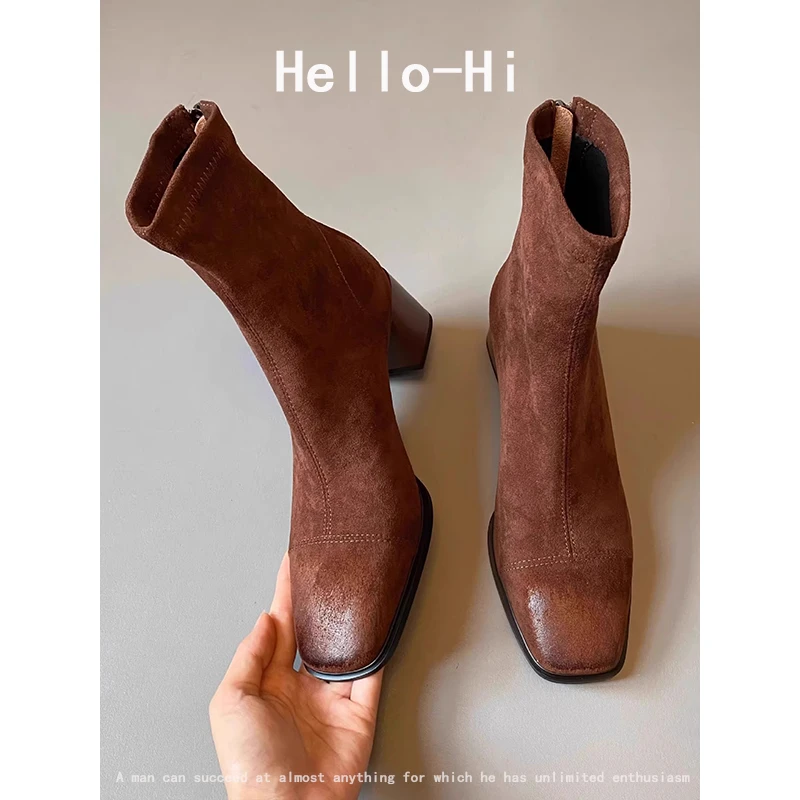 复古方头后拉链弹力瘦瘦女靴粗跟2025秋冬气质高跟通勤擦色短靴女