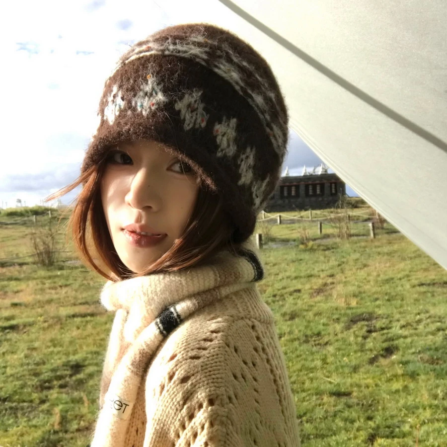 复古费尔岛提花针织冷帽女秋冬季大头围卷边毛线帽保暖显脸小帽子