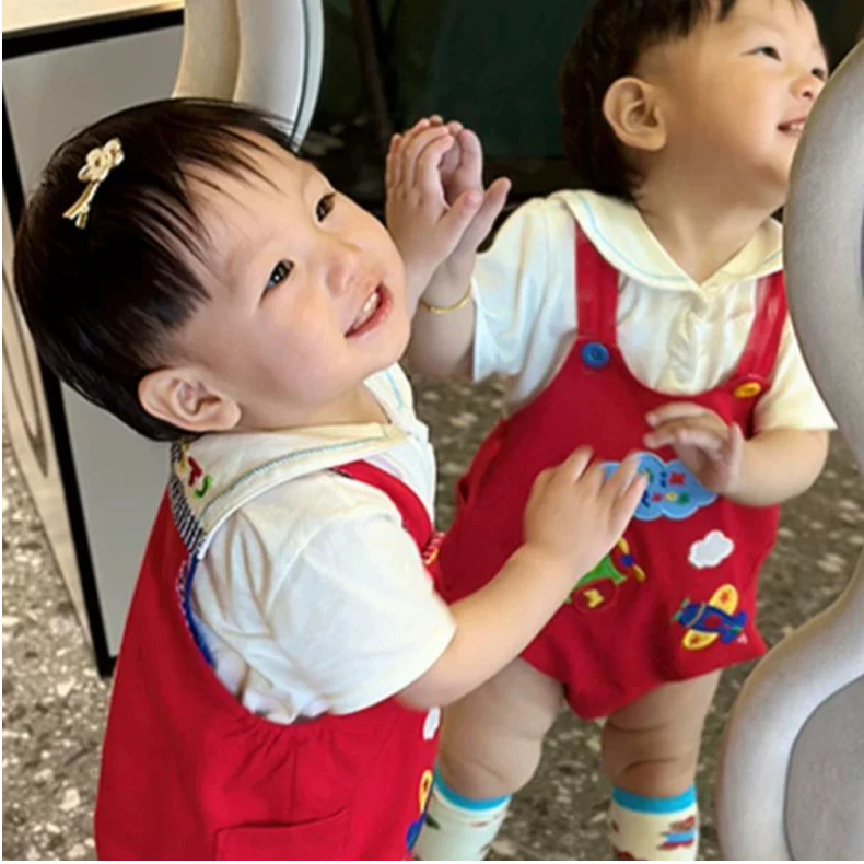 韩版童装男童套装儿童2025夏装洋气百搭红色背带裤宝宝休闲上衣潮