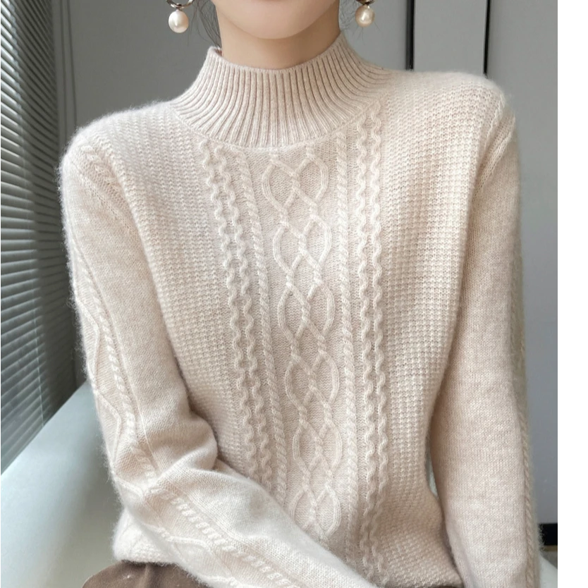 秋冬新款半高领加厚毛衣女针织上衣套头宽松绞花羊毛衫软糯打底衫