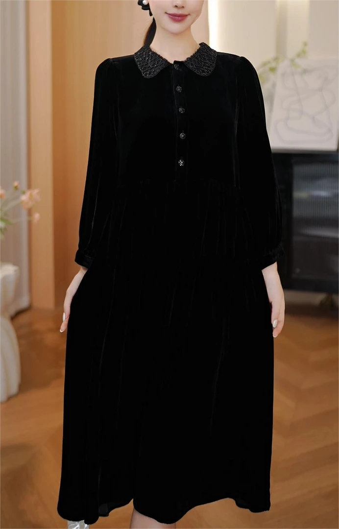 【DuShang】2025秋新款高级感百搭优雅翻领真丝丝绒连衣裙TG1468
