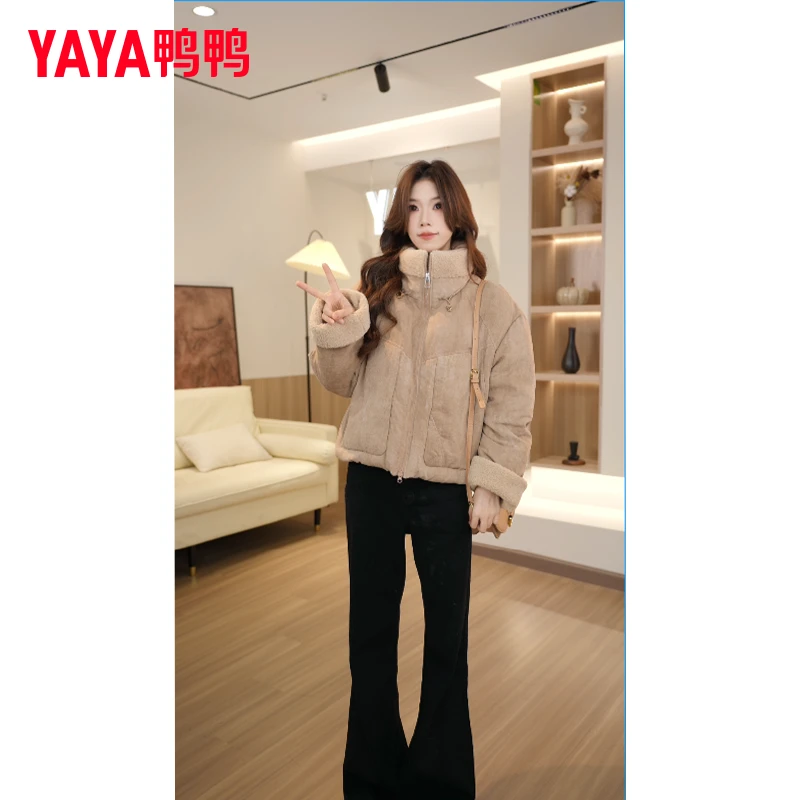 YAYA/鸭鸭短款厚款拉链拼接翻领长袖加绒女装百搭时尚加厚面包服