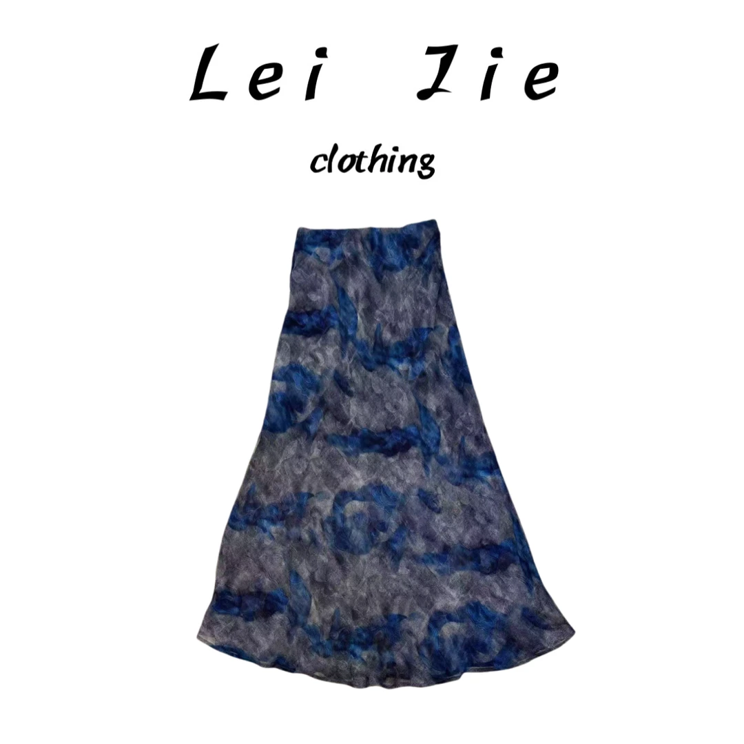 【Lei Jie】工艺烧花松紧腰头蓝色长款半身裙8981