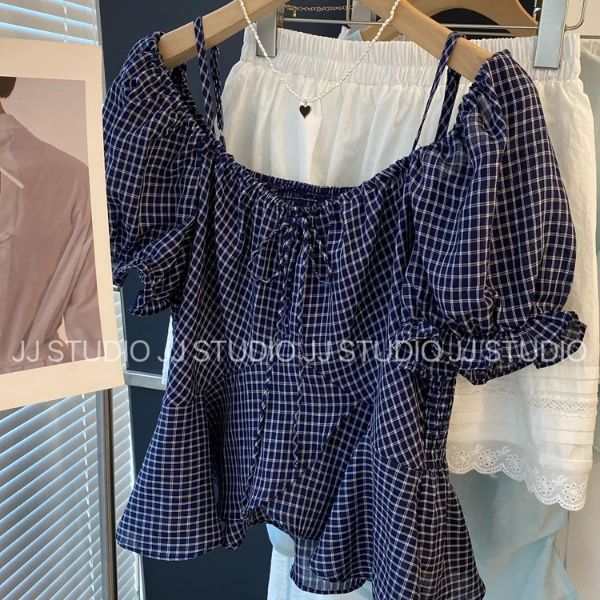 轻薄透气！韩国东大门两穿甜美风小格子娃娃衫衬衫小衫女2025夏
