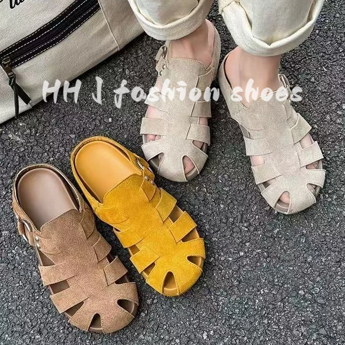 真皮爆款包头拖女士2025夏季新款外穿软底平跟镂空编织罗马凉拖鞋