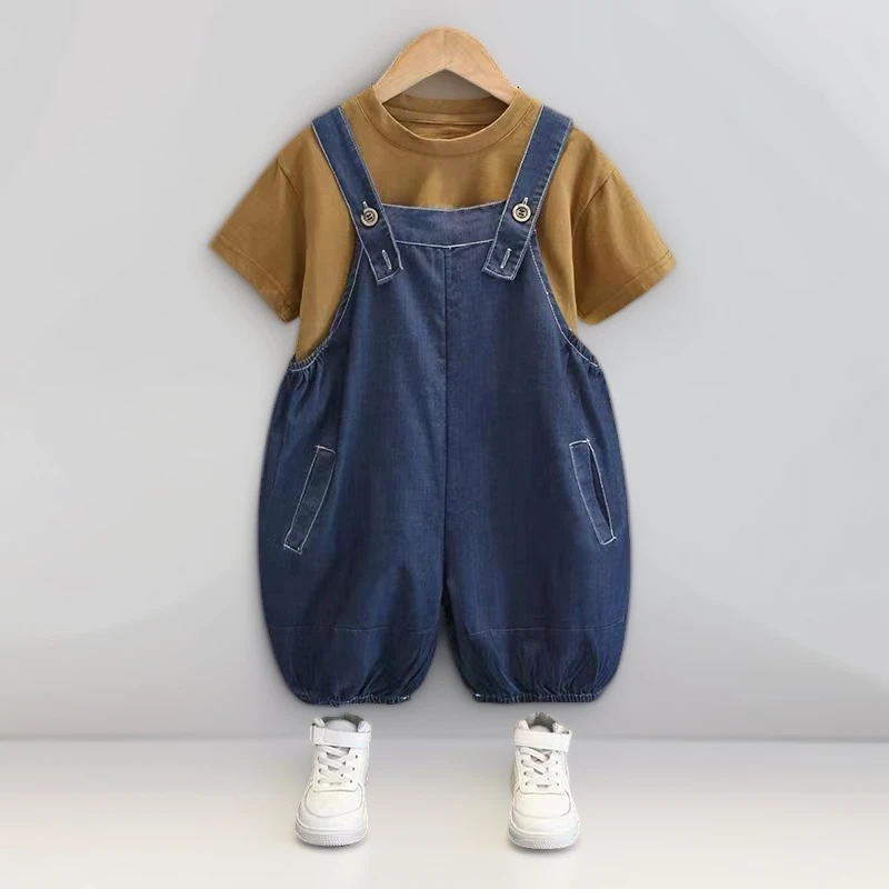 宝宝儿童牛仔童装两件套酷帅中小男童冬装洋气时髦韩版背带裤套装
