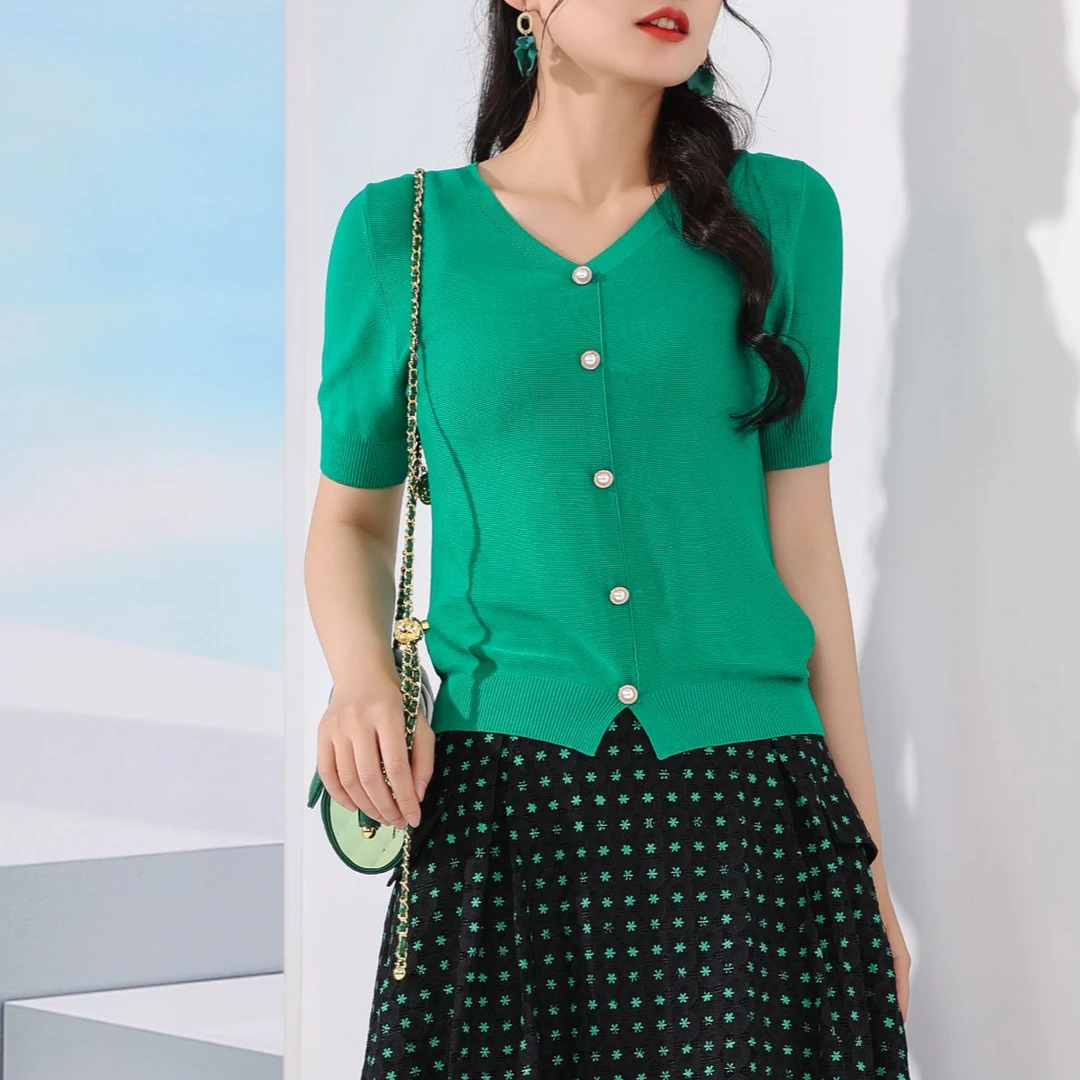 时尚小衫休闲V领纯色上衣#YB61750A显瘦春夏外穿显瘦夏季
