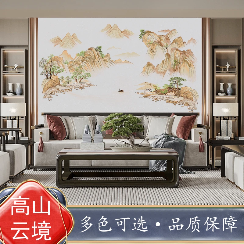 高山客厅电视墙云境E5高端新中式背景独绣墙布背景墙刺绣壁布