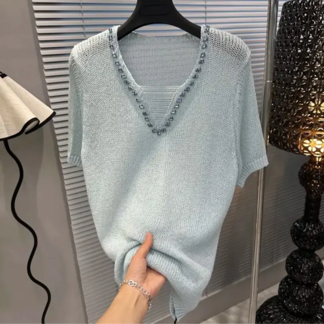 2025重工镶钻镂空V领针织衫短袖宽松薄款夏季百搭上衣