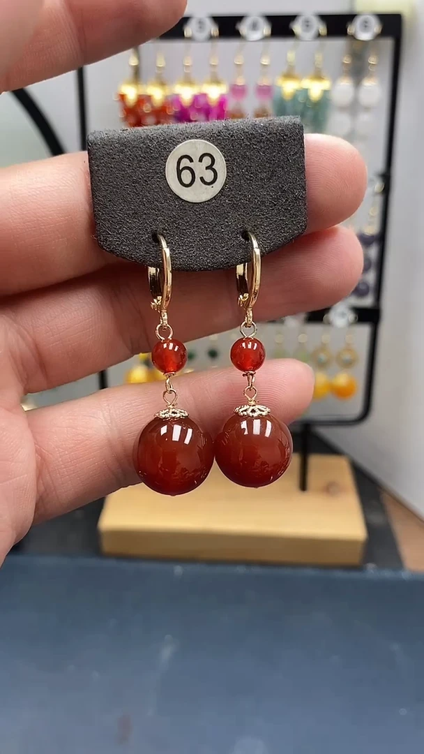 银S925镀金镶嵌南红玛瑙耳饰尺寸14mm耳扣连珠