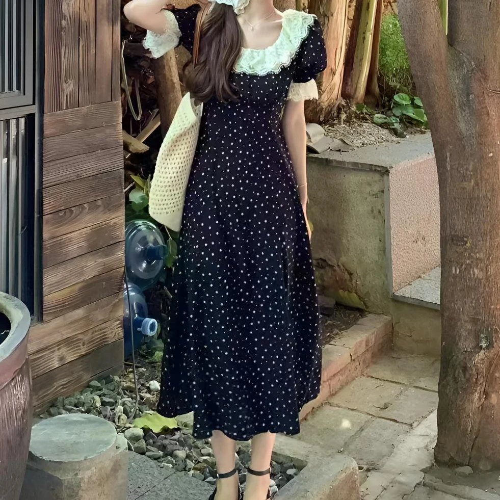 法式蕾丝花边波点连衣裙气质时尚显瘦复古