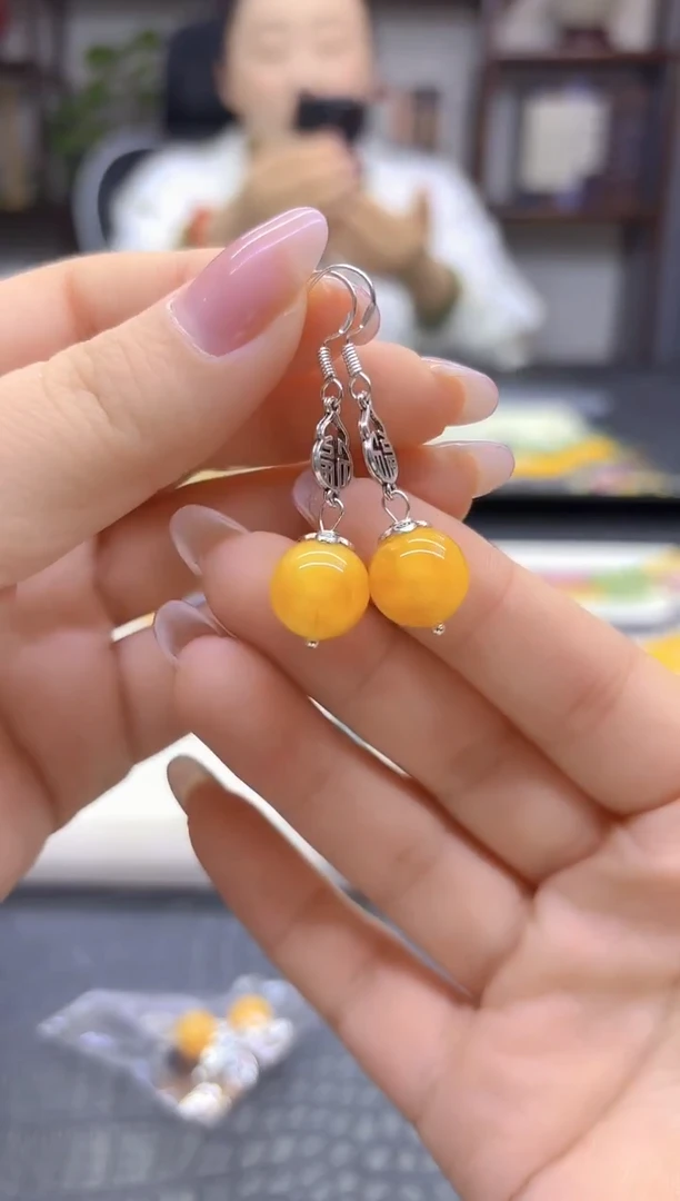 蜜蜡银S925镶嵌耳饰DIY款E898