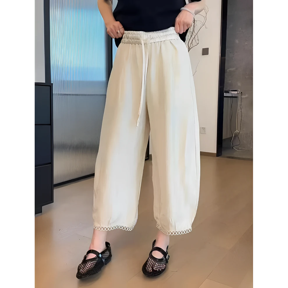2578款时尚洋气休闲夏季薄款宽松垂感高腰纯色花包裤