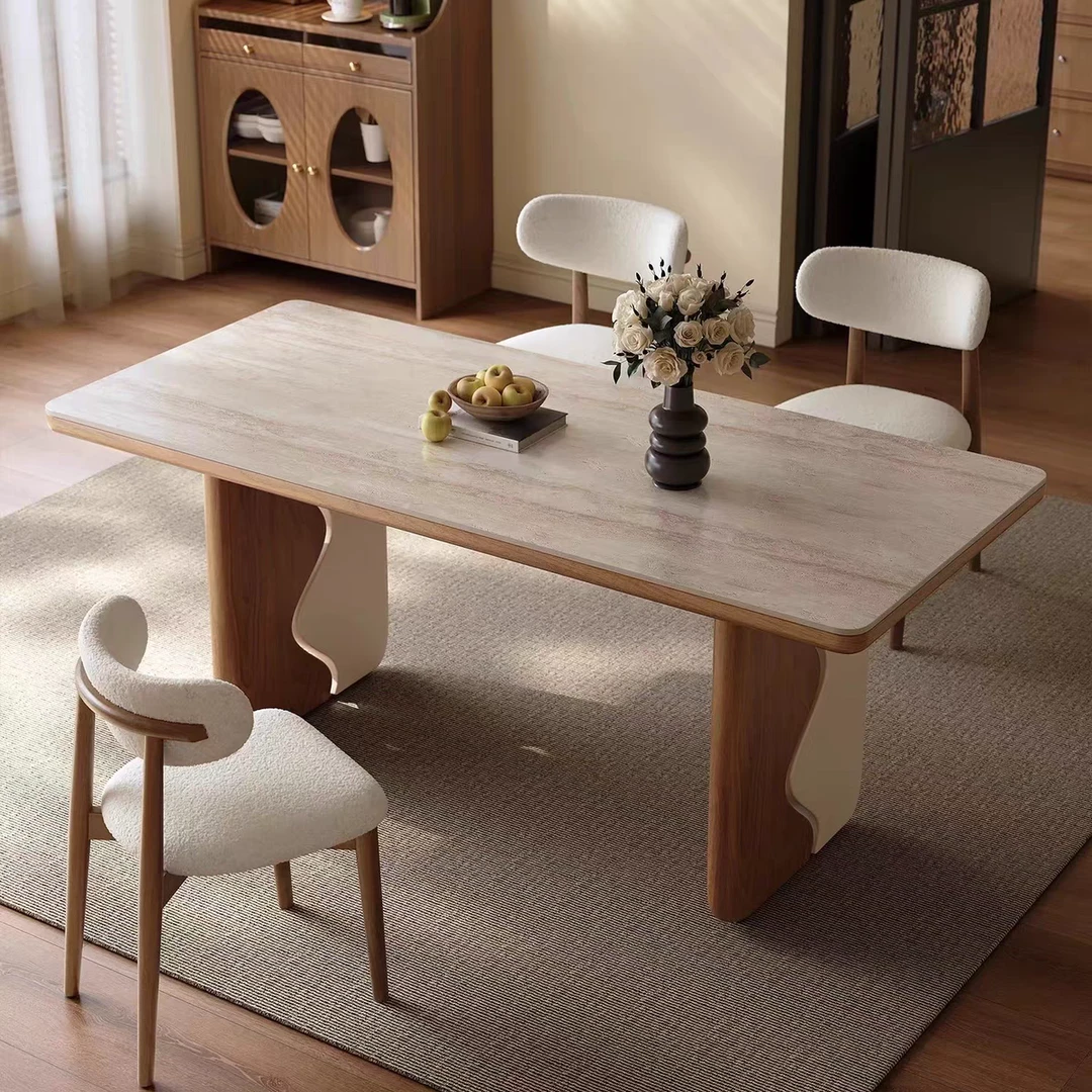法式洞石岩板餐桌客厅桌子家用胡桃木色饭桌长方形实木餐桌椅组合