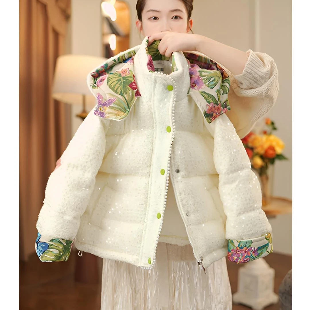 女童碎花棉服冬装2025新款甜美加厚连帽中大童棉袄夹棉毛呢外套潮