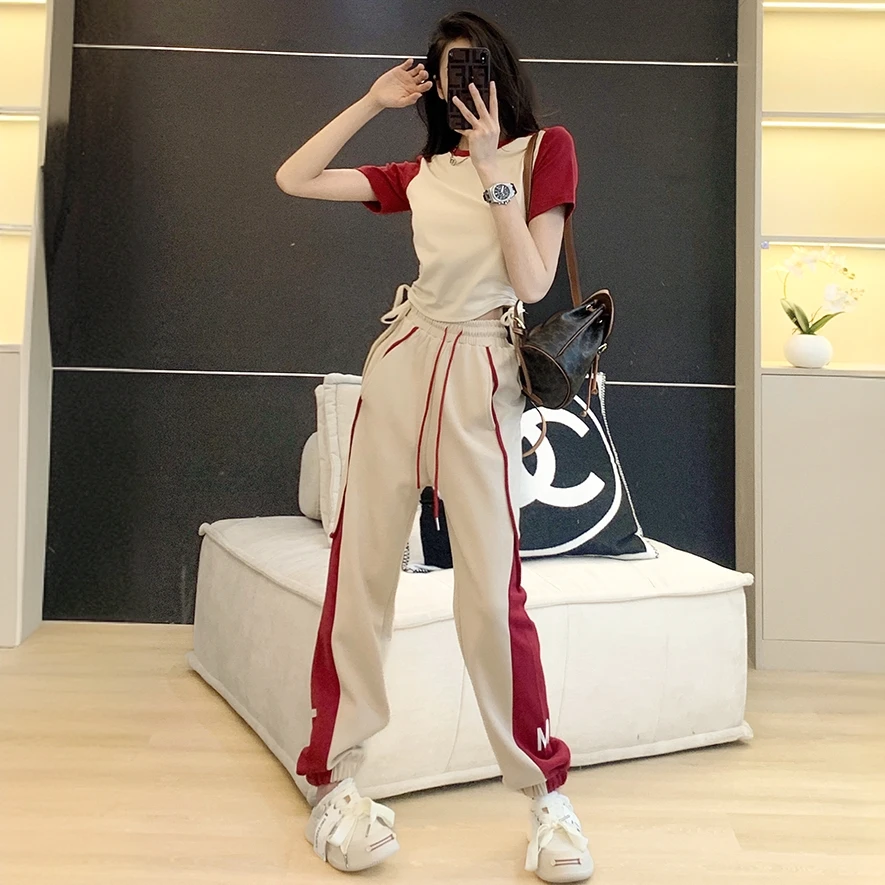 小个子夏季薄款套装女时尚减龄洋气收腰短袖束脚裤宽松显瘦两件套