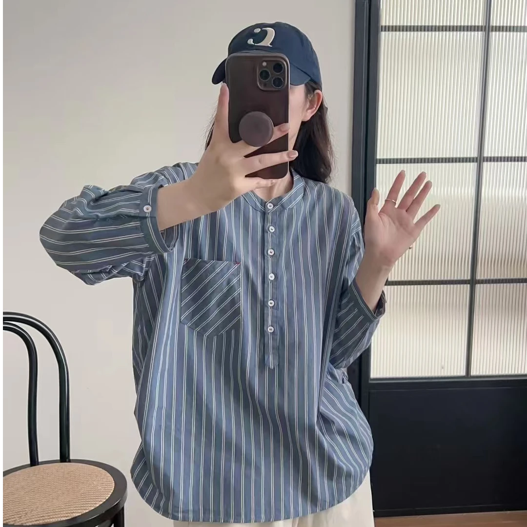 【韩系】条纹纯棉衬衫长袖蓝色时尚休闲百搭宽松衬衫