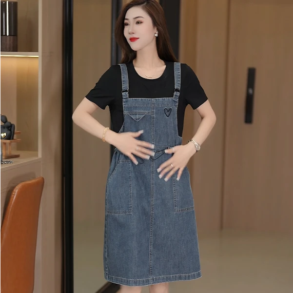 {倪小汐}夏季新款牛仔假两件背带连衣裙宽松显瘦减龄面料柔软舒适