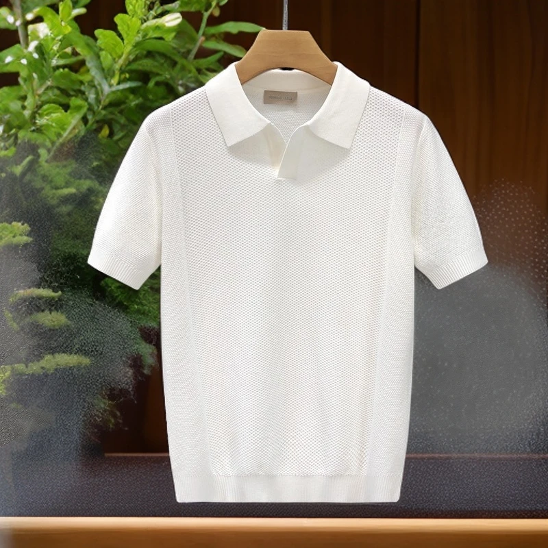 设计感百搭爆款品质正品针织短袖恤男款夏季冰丝薄款毛衣男士翻领