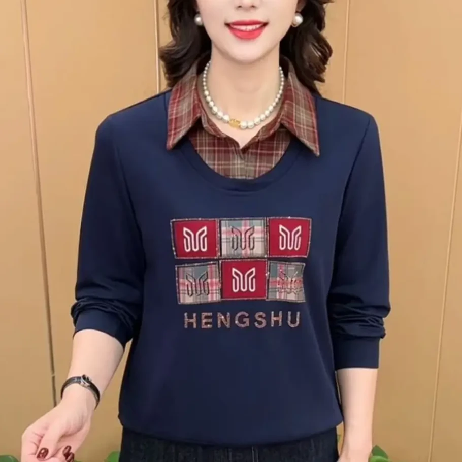 秋季新款时尚翻领格子假两件卫衣洋气百搭妈妈装休闲百搭长袖上衣