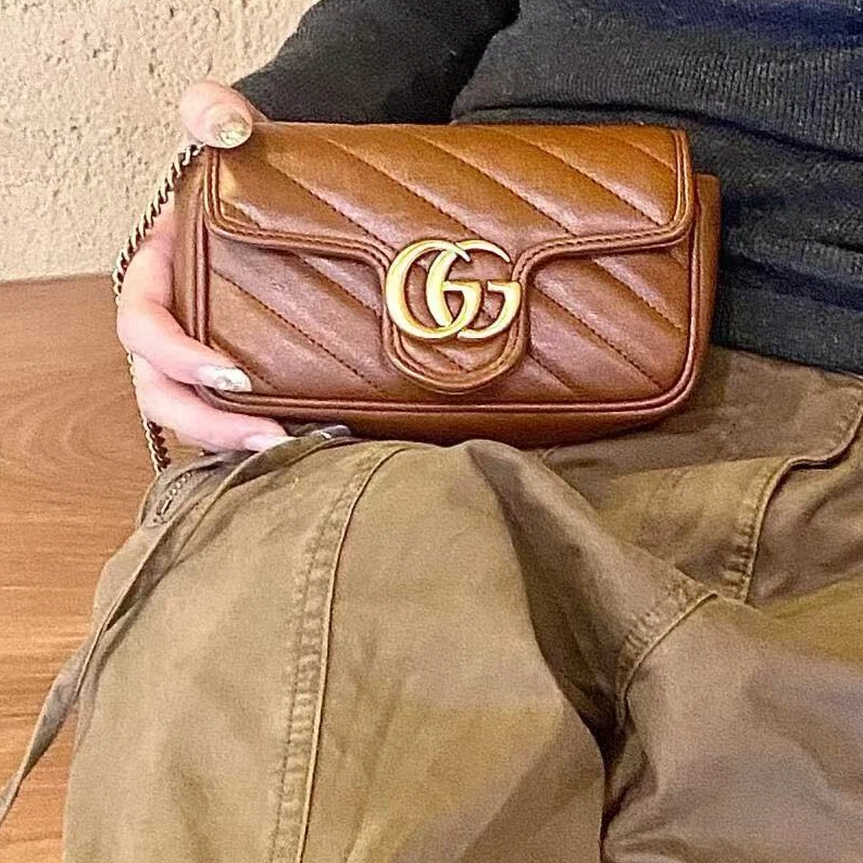 95新 GUCCI/古驰 坤球奢选 古驰焦糖迷你马蒙斜挎包