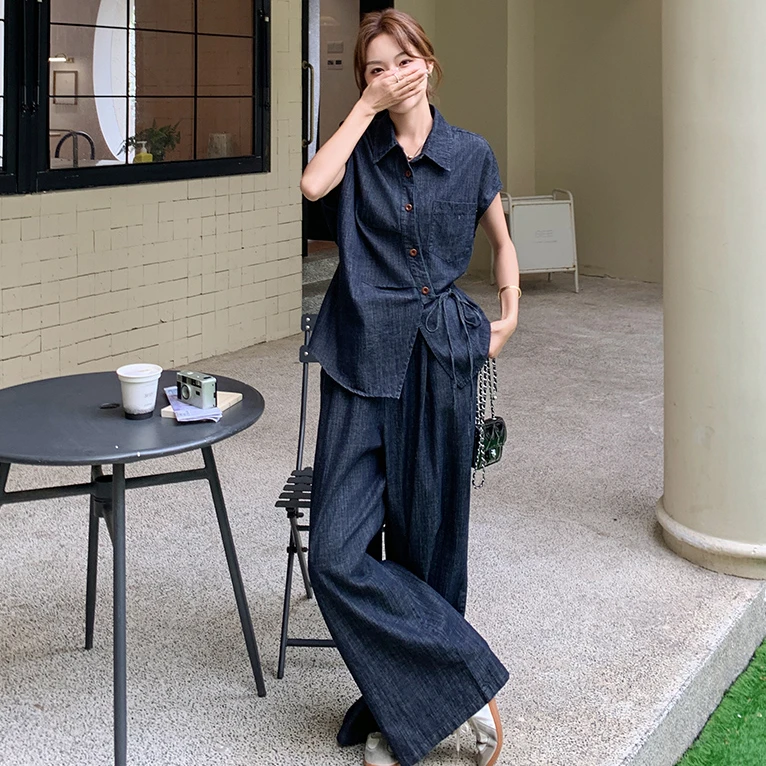 复古设计感牛仔短袖衬衫阔腿裤两件套女2025夏新款高级感收腰显瘦