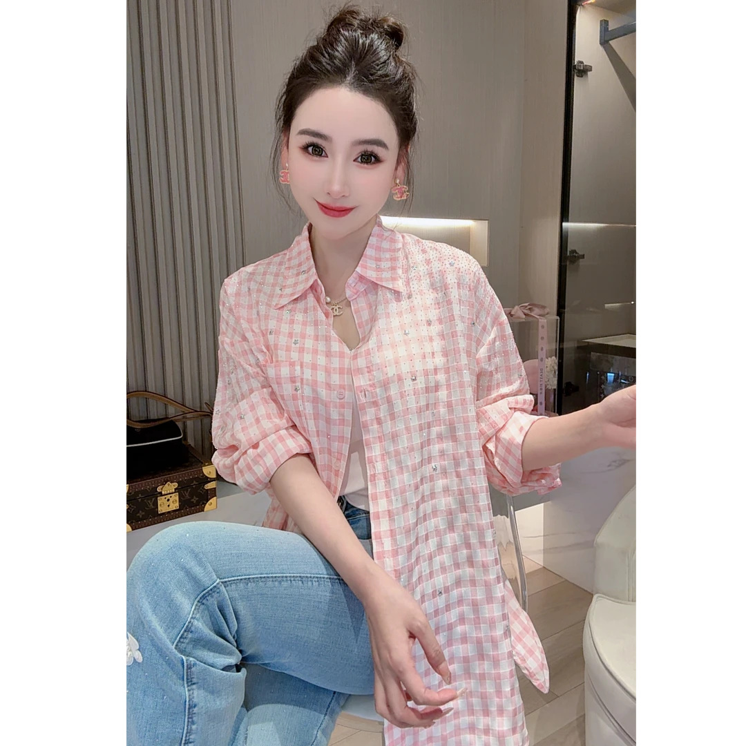 休闲百搭烫钻长袖格子衬衫